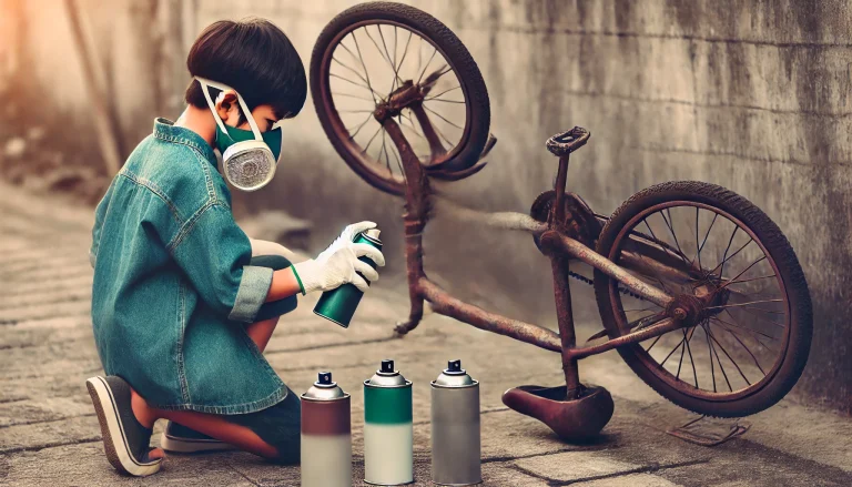 Niño pintando bicicleta vieja con spray.