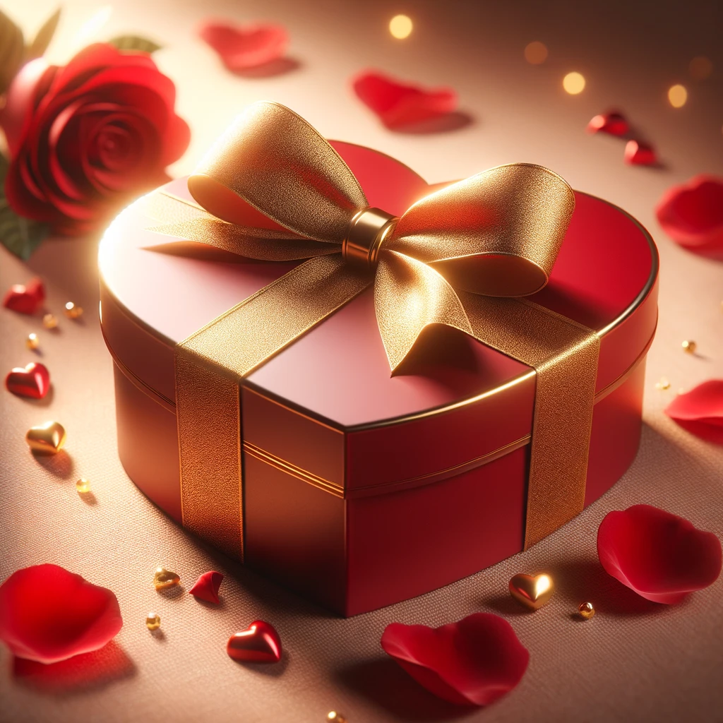 Caja regalo corazón con rosa y pétalos.