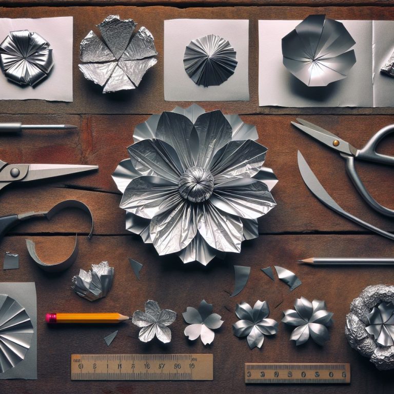 Flores de papel aluminio y herramientas de origami.