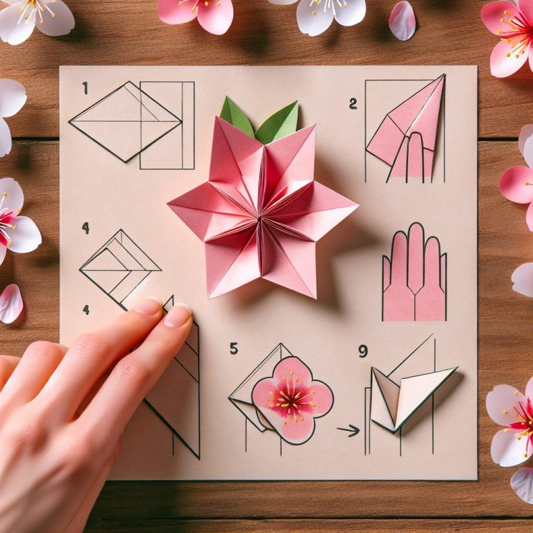 Instrucciones de origami con flor terminada.